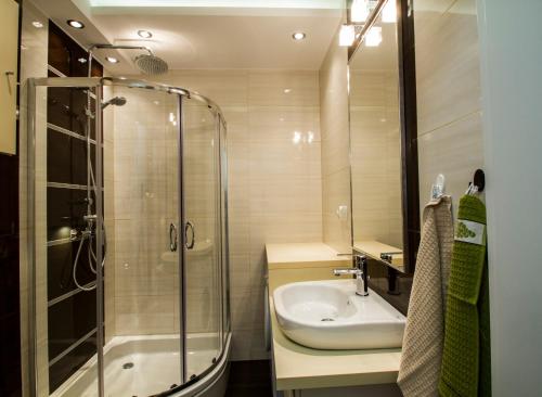 a bathroom with a shower and a sink at Katmandu in Zakopane