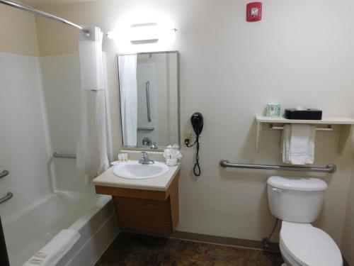 a bathroom with a sink and a toilet and a phone at Birch Hill Suites Rochester - Med City in Rochester