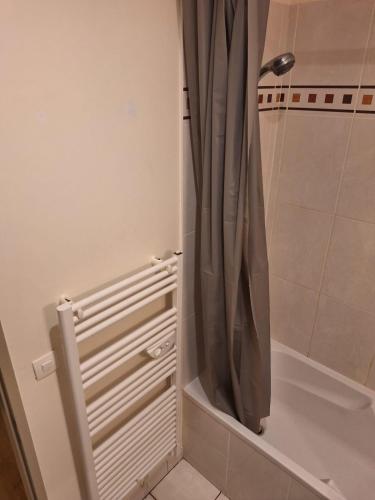 a shower in a bathroom with a shower curtain at Victor Hugo - Hyper centre 2 chambres in Saintes