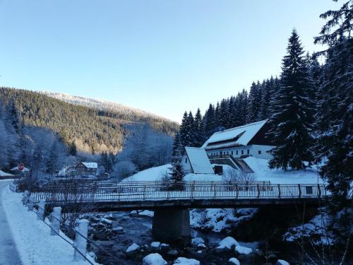 a bridge over a river with a building and trees at Bouda Pavlovka in Dolní Malá Úpa