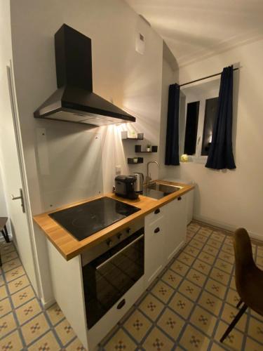 une petite cuisine avec un évier et une cuisinière dans l'établissement L'Imprimerie A3, studio cosy au cœur de La Roche !, à La Roche-sur-Yon