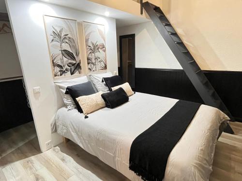 une chambre avec un lit avec des oreillers noirs et blancs dans l'établissement La baudinière, à Artannes-sur-Indre