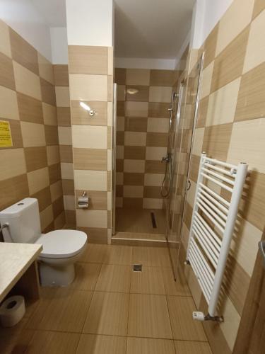 a bathroom with a toilet and a shower in it at M20 Studios in Cluj-Napoca
