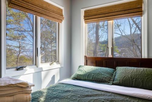 a bedroom with two windows and a bed with green sheets at Mtn Views, Hot Tub, 2 Game Rms, Fire Pit, Pet Friendly, Top Mtn in McGaheysville