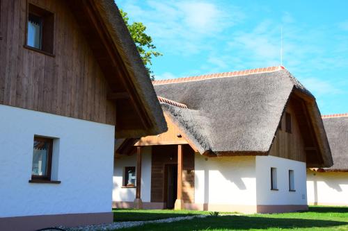 a house with a thatched roof and grass at Panonska Vas Apartments in Moravske Toplice