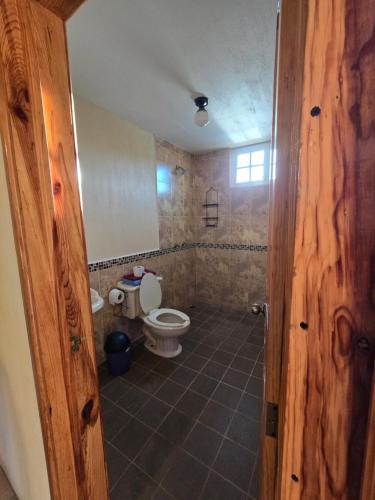 a bathroom with a white toilet in a room at Cabaña el Pino in Penche Chico