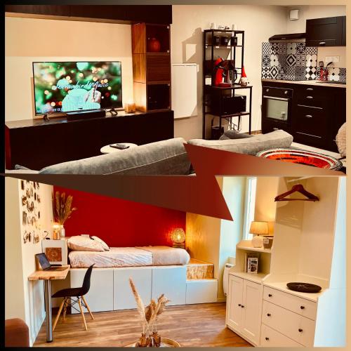 une chambre avec un lit et une télévision dans l'établissement Le Duo Forézien - 2 Apts au RDC côte à côte - Proche gare et centre - Wifi, à Feurs