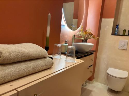 a bathroom with a sink and a toilet and a mirror at Your Haven of Peace! in Brussels