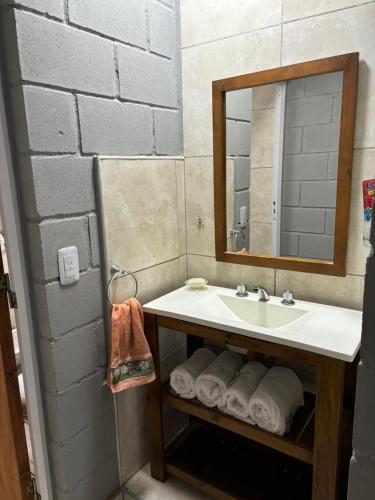 a bathroom with a sink and a mirror and towels at El quincho in Villa María