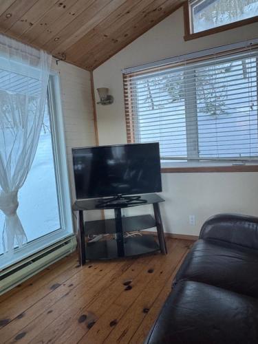 a living room with a flat screen tv and a couch at Chalet Alpin Suisse Au Bord Du Lac in Morin Heights