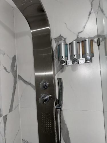 a shower in a bathroom with a metal door at Luna y Sol Calle 8 in Miami