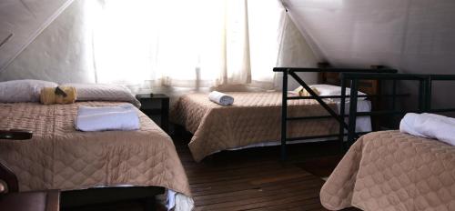 a room with three beds and a window at Cabaña Tipo Chalet in Machetá