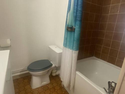 une salle de bain avec toilettes et rideau de douche dans l'établissement Studio Cabine avec Terrasse et Parking à 100m de la Plage - FR-1-782-73, au Barcarès