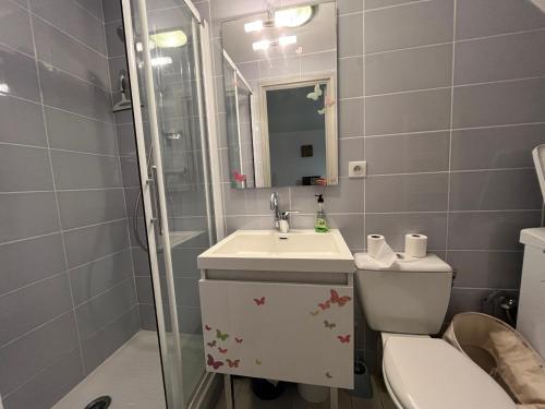 une salle de bain avec un lavabo, des toilettes et un miroir dans l'établissement Appartement cosy Sète, 2 pièces, 4 pers, rez-de-chaussée, WIFI, animaux admis - FR-1-338-599, à Sète