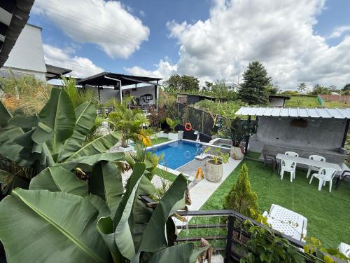 a backyard with a swimming pool and a yard with plants at Villa del lago in Quimbaya