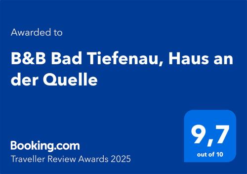 Majutusasutuses B&B Bad Tiefenau, HAUS AN DER QUELLE olev sertifikaat, autasu, silt või muu dokument