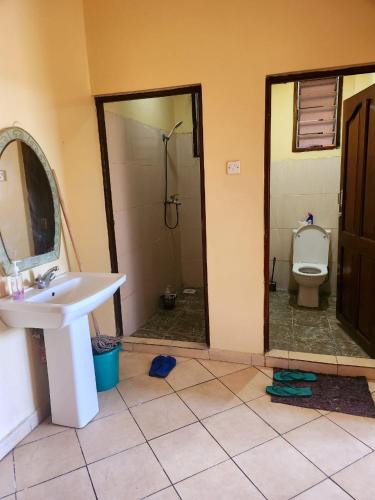 a bathroom with a sink and a shower and a toilet at Mombasa studio in Mombasa