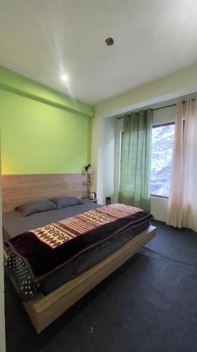 ein Schlafzimmer mit einem großen Bett und einer grünen Wand in der Unterkunft Cafe Alpenglow in Sissu