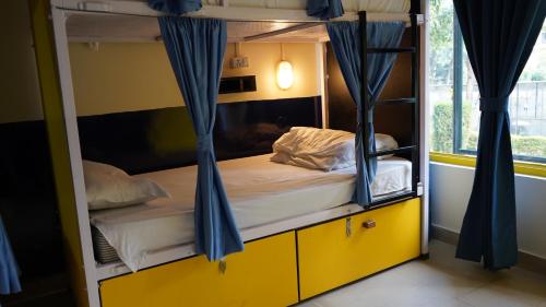 a bedroom with two bunk beds with blue curtains at Julley Commune Rishikesh in Rishīkesh