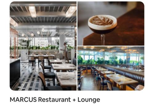 two pictures of a restaurant with tables and a drink at #2 - Big Loft - Plaza St-hubert in Montréal