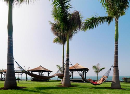 a group of palm trees with two hammocks and the ocean at Red Level at Gran Melia Palacio de Isora - Adults Only in Alcalá