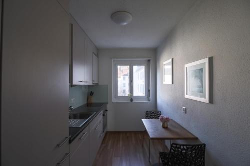 チューリッヒにある2BR flat close to lake, opera and city center - SF10のテーブルと窓のあるキッチン
