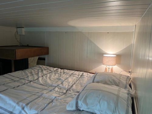 - un lit blanc dans une chambre avec une lampe dans l'établissement Appartement charmant à Paris 20 eme, à Paris