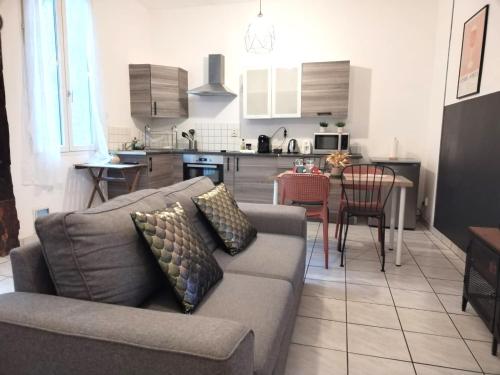 un salon avec un canapé et une cuisine dans l'établissement A Deux Pas des Halles - Hypercentre - Idéal Couple, à Pau