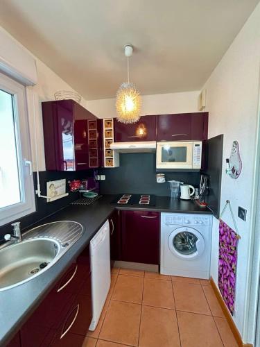une cuisine avec un évier et une machine à laver dans l'établissement Cosy T2 with terrace and mountain view - Hendaye, à Hendaye