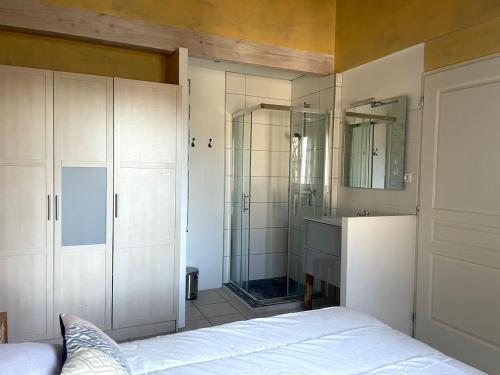ein Schlafzimmer mit Dusche und einem Bett darin in der Unterkunft ღ Villa Océane Spacieuse Piscine&Jardin in La Couarde-sur-Mer