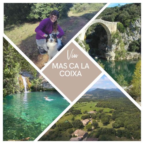 a collage of photos with a woman and a dog and a river at Mas Ca La Coixa in Tortellá