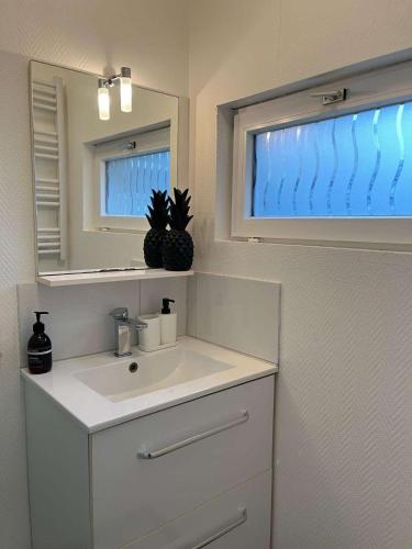 une salle de bain avec un lavabo et un miroir dans l'établissement La maison d'Oscar, 200m de la plage, à Asnelles