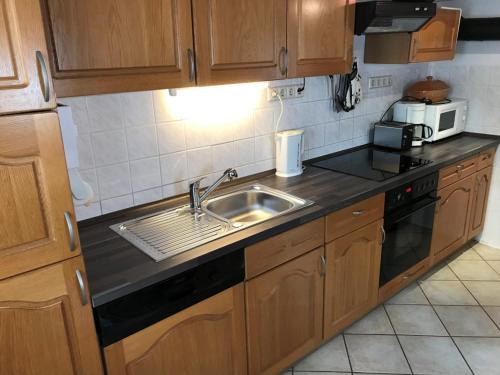 a kitchen with a sink and a microwave at IFAM - Ihr Ferienhaus am Main in Zellingen