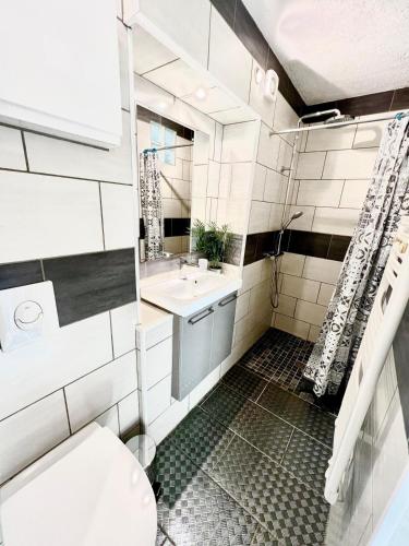 une salle de bain avec un lavabo et des toilettes dans l'établissement Studio le cosy, clim, Wi-Fi, terrasse, LGM parking, à La Grande Motte