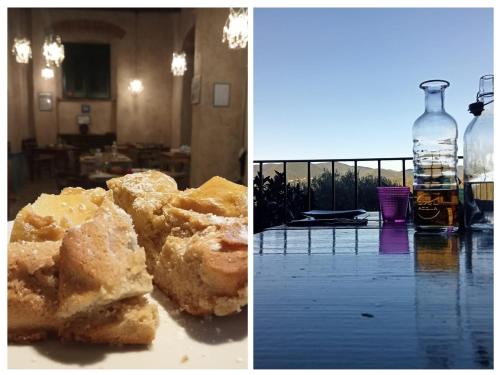 zwei Bilder von Essen auf einem Tisch mit einer Flasche Wasser in der Unterkunft Villa Maddalena - Cerrolungo in Isola