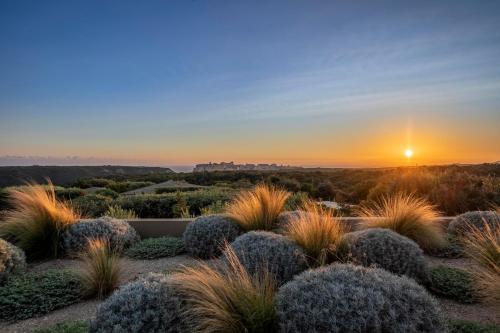 a view of the sunset from a garden with plants at Hôtel & Spa Version Maquis Citadelle in Bonifacio