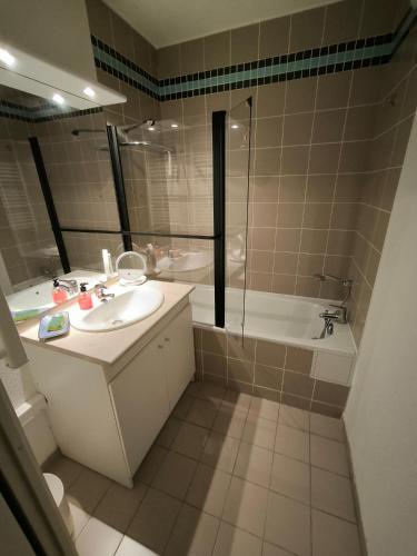 une salle de bain avec un lavabo, une douche et une baignoire dans l'établissement Les Jardins de Ramel -appart.T2, à Luchon