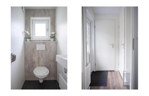 ein Badezimmer mit Toilette, Waschbecken und Spiegel in der Unterkunft Villa 6 persons - Vakantiepark De Thijmse Berg in Rhenen