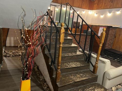 a set of stairs with a vase with a plant at Hosteria Cerros Dorados in Cosquín
