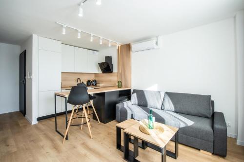 a living room with a couch and a table at Apartament Korfantego 9 in Gliwice