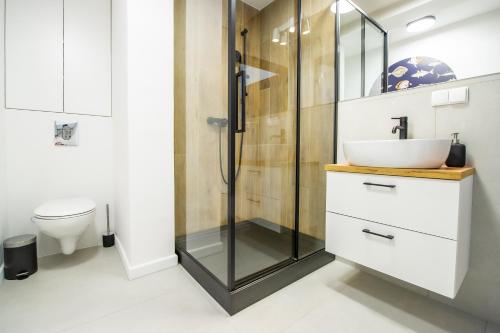 a bathroom with a sink and a shower at Apartament Korfantego 9 in Gliwice