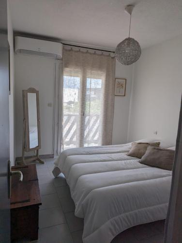 une chambre avec deux lits, un miroir et une fenêtre dans l'établissement Le Sud, à Béziers