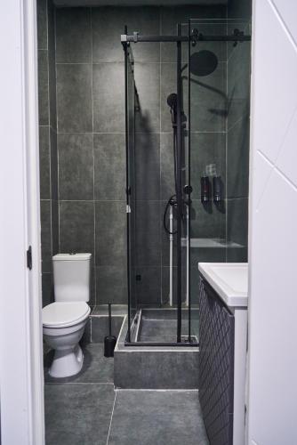 a bathroom with a shower with a toilet and a sink at Gagarin Hotel in Almaty
