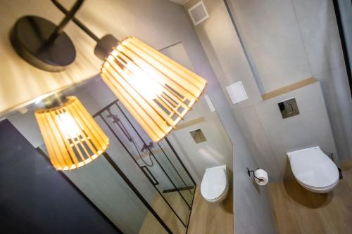a bathroom with a toilet and two lights in it at Apartament Korfantego 9 in Gliwice
