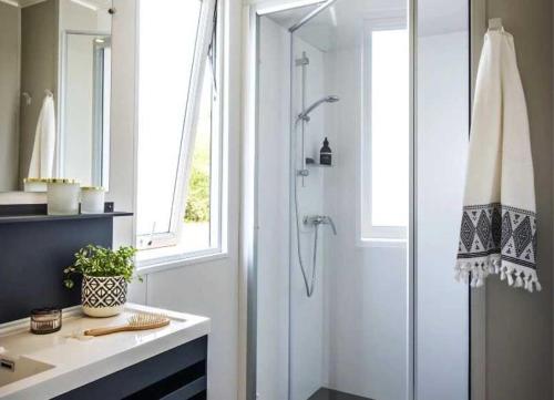 une salle de bain avec douche et lavabo dans l'établissement Camping - Piscine - ccagefg, à Portiragnes