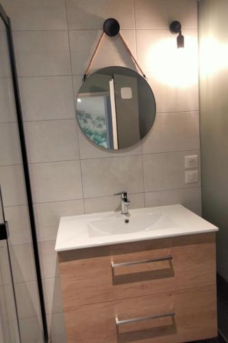 une salle de bain avec un lavabo et un miroir dans l'établissement Gîte de Briante, à Saint-Lager