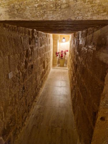 a hallway with a stone wall and a vase of flowers at Ancient Maltese House with modern interior 3 min away from Airport TAL-PINU in Gudja