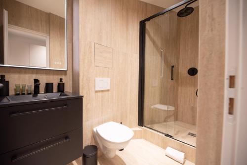 une salle de bain avec une douche, des toilettes et un lavabo dans l'établissement CIA - Châtelet-Marais Delight 4P, à Paris
