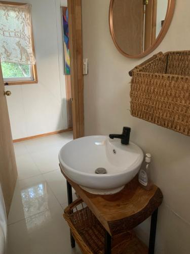 a bathroom with a white sink and a mirror at Cabaña entre parras in Curacaví