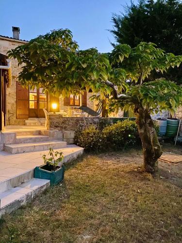 a tree in a yard next to some stairs at L'Envol - Spacieuse maison avec piscine privative in Champagne